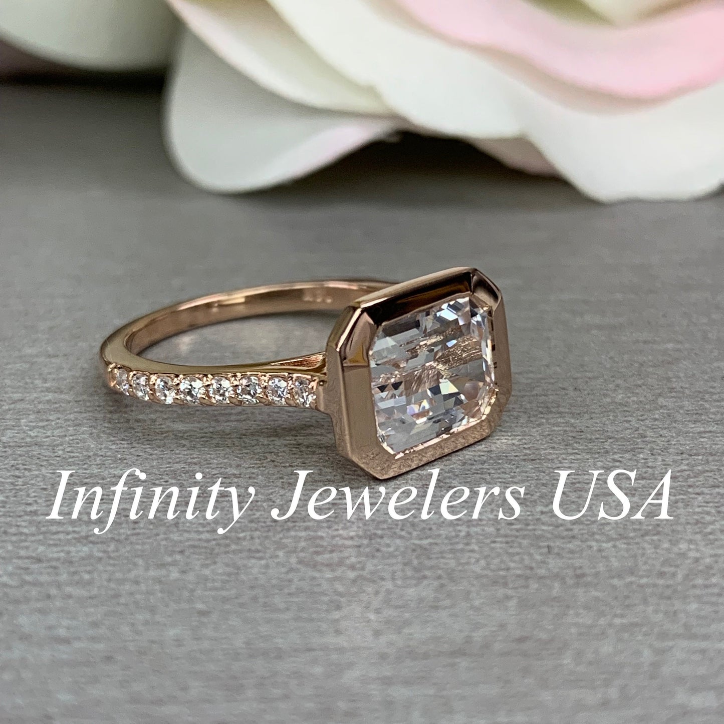 Emerald Cut Moissanite Engagement Ring, Bezel Set Emerald Cut And Round Moissanite Wedding Ring, 14k Rose Gold Moissanite Cluster Ring #7000