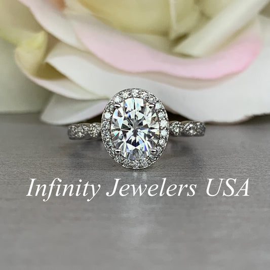 Certified moissanite oval halo ring with diamonds accent, 14k white gold
