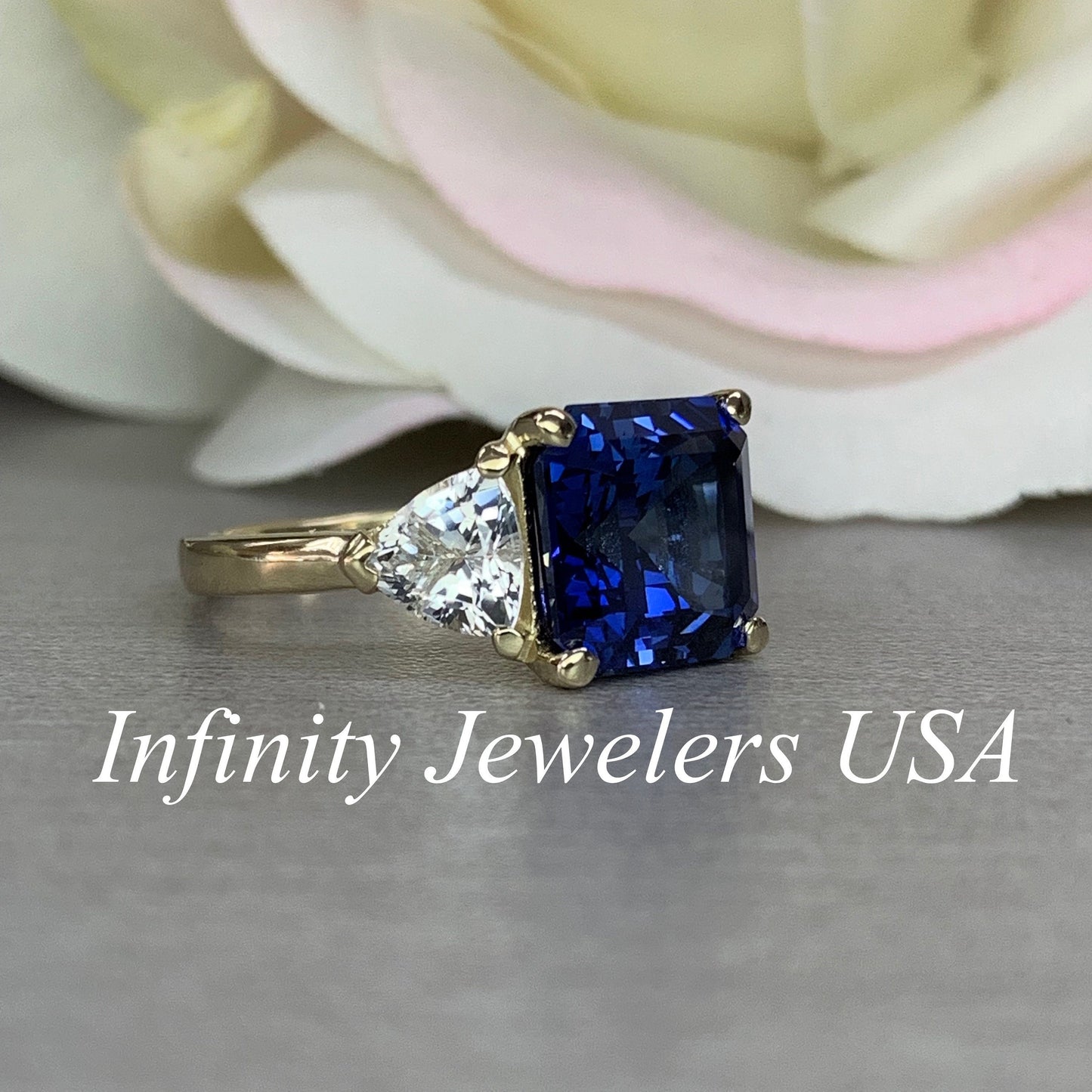 Asscher Cut Blue Sapphire Engagement Ring Solid 14k Yellow Gold, Moissanite Trillion Accents, Moissanite Ring Wedding Ring For Her