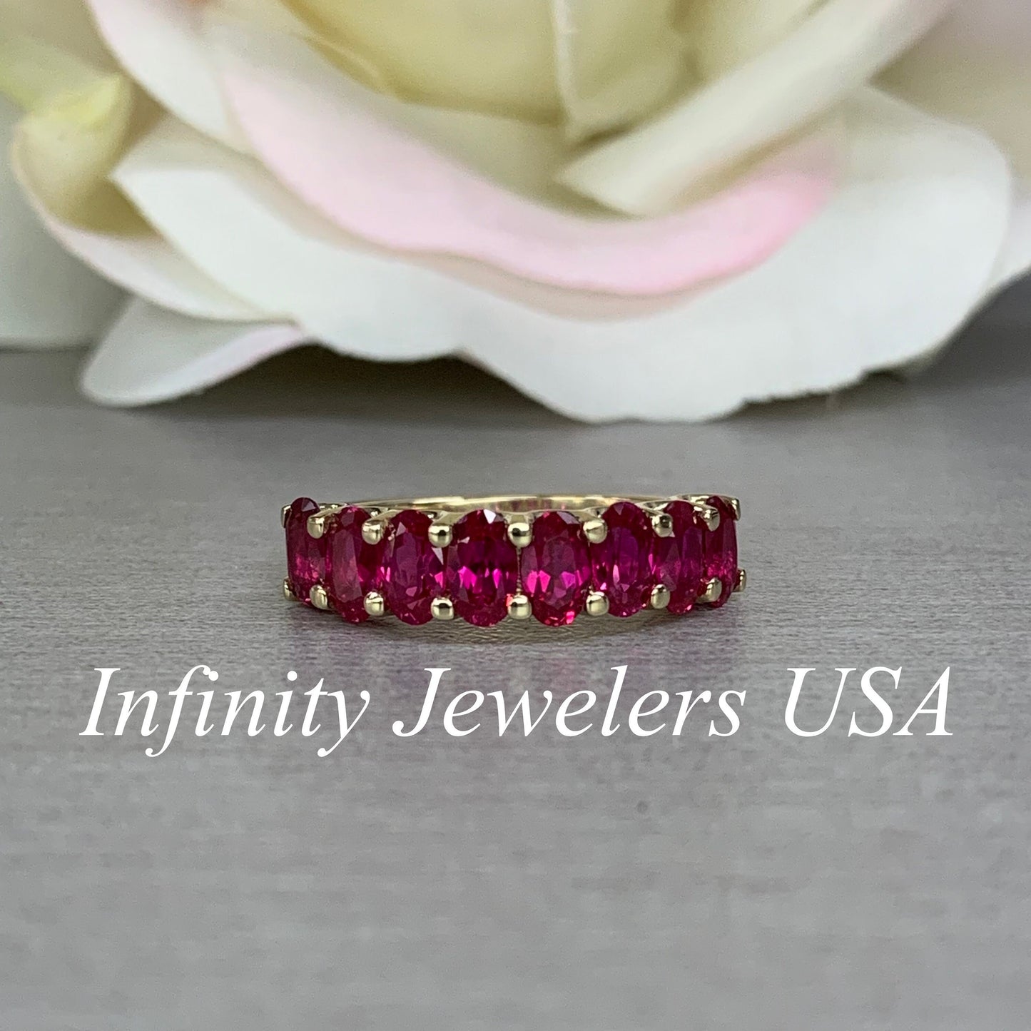 Oval Cut Ruby Eight Stone Wedding Band 14K Yellow Gold Half Eternity Wedding Band Rubies Ladies Rudy Promise Anniversary Wedding Bands #6366
