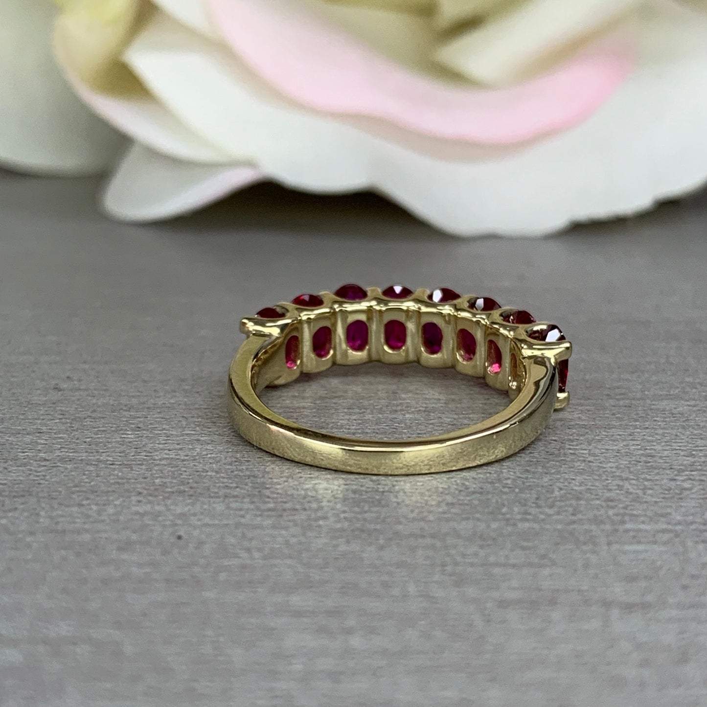 Oval Cut Ruby Eight Stone Wedding Band 14K Yellow Gold Half Eternity Wedding Band Rubies Ladies Rudy Promise Anniversary Wedding Bands #6366
