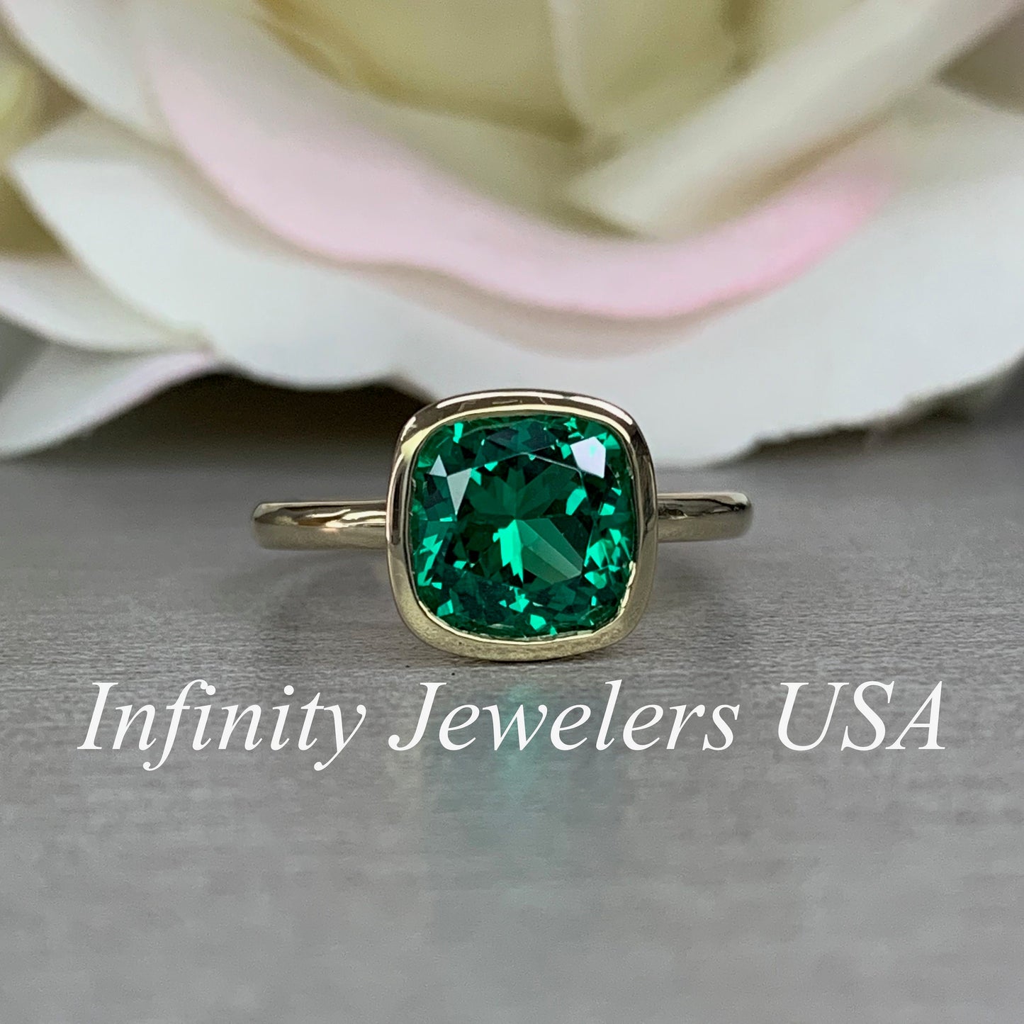 Cushion Shaped Emerald Engagement Ring 14K Yellow gold Bezel Set for Ladies, Emerald Green Cushion Ring, Simple Emerald Ring Art Deco, #6370