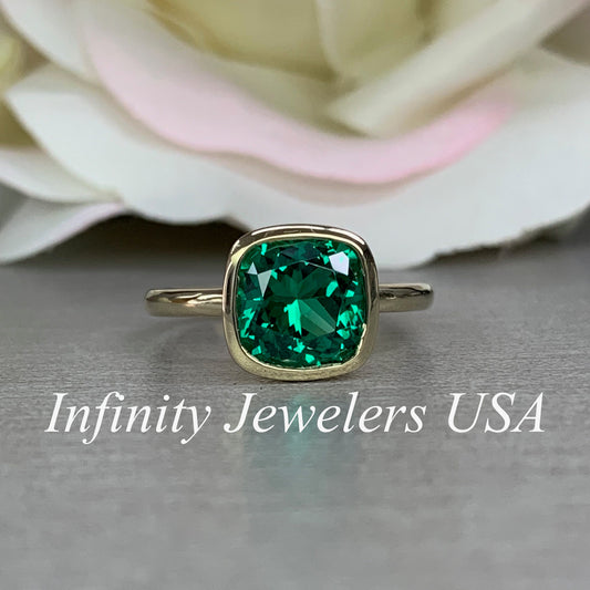Cushion Shaped Emerald Engagement Ring 14K Yellow gold Bezel Set for Ladies, Emerald Green Cushion Ring, Simple Emerald Ring Art Deco, #6370