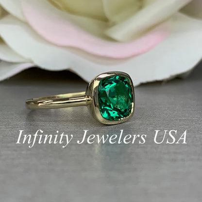 Cushion Shaped Emerald Engagement Ring 14K Yellow gold Bezel Set for Ladies, Emerald Green Cushion Ring, Simple Emerald Ring Art Deco, #6370