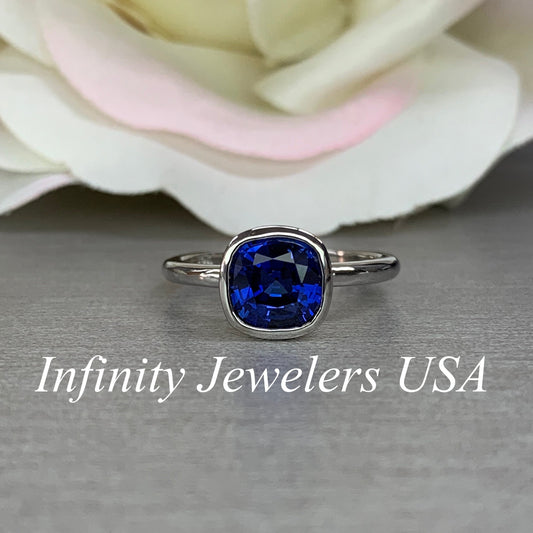 Cushion Cut Engagement Solitaire / Blue Sapphire Wedding Ring / Bezel Set Ring / 14k White Gold / #6371