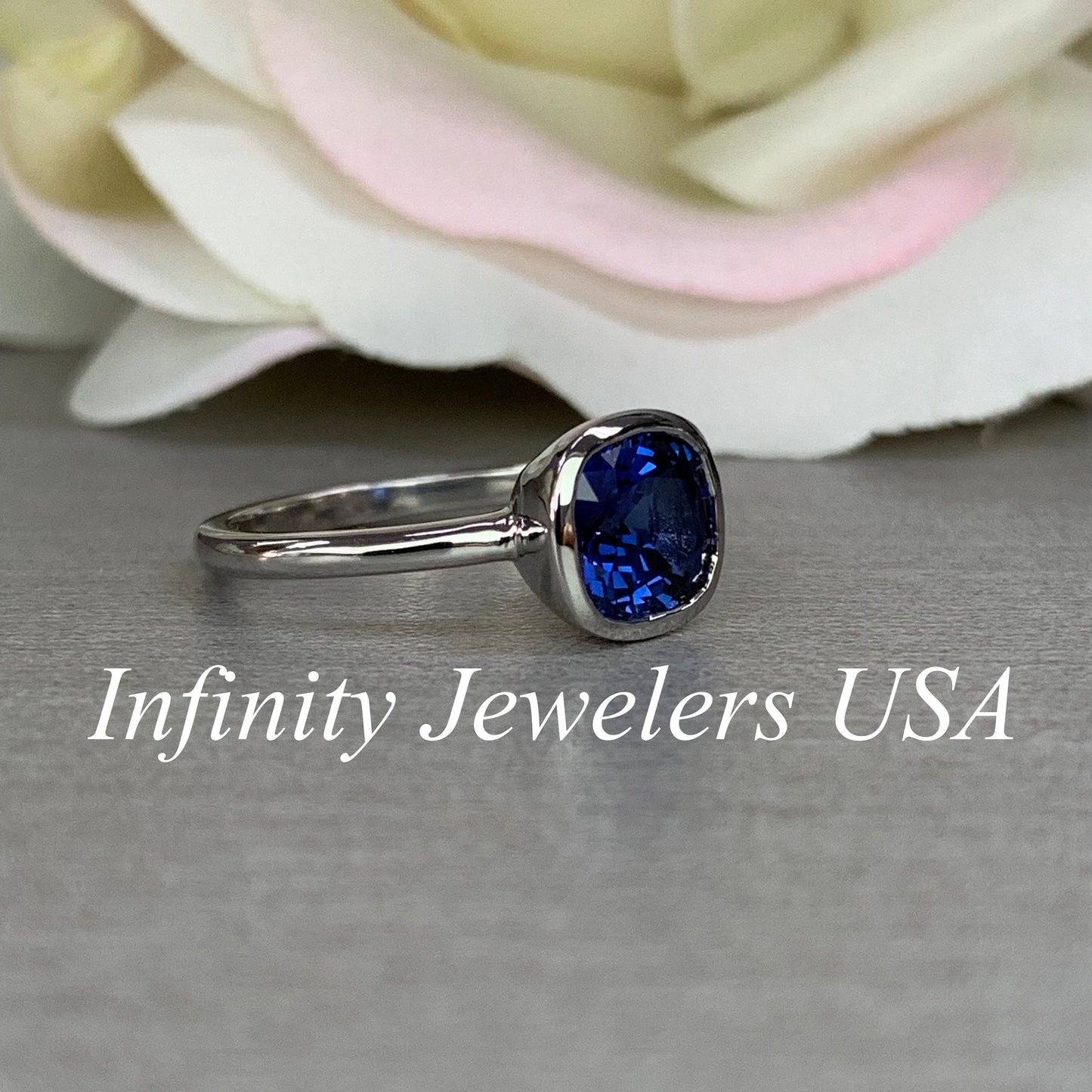 Cushion Cut Engagement Solitaire / Blue Sapphire Wedding Ring / Bezel Set Ring / 14k White Gold / #6371