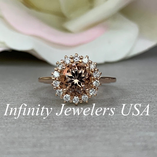 Morganite Ring For Women Rose Gold Morganite Engagement Ring With Moissanite Halo Simple Round Cut Morganite Engagement Ring With Halo #4880