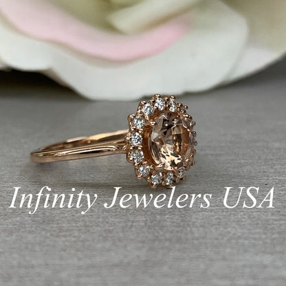 Morganite Ring For Women Rose Gold Morganite Engagement Ring With Moissanite Halo Simple Round Cut Morganite Engagement Ring With Halo #4880
