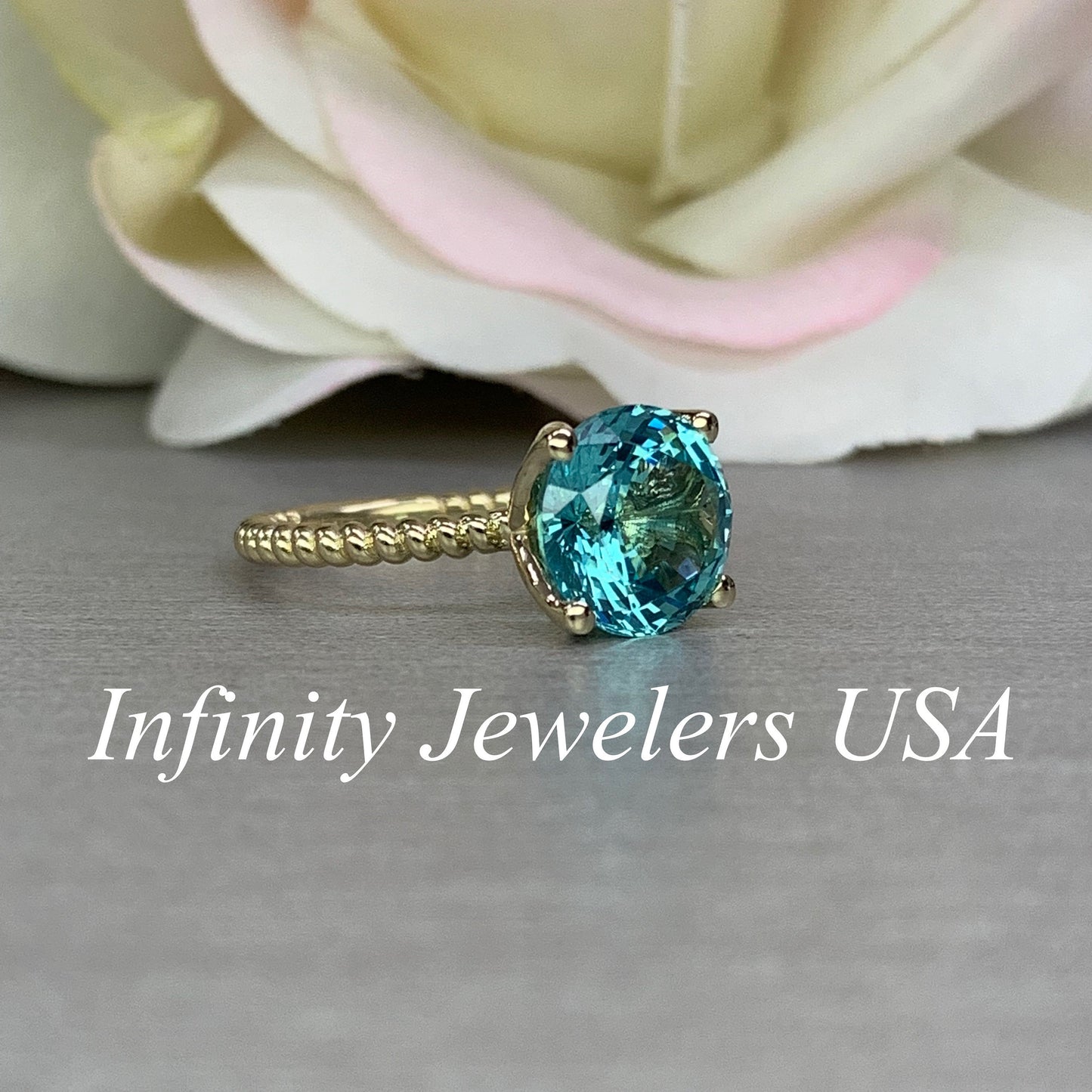 Round Blue solitaire Engagement Ring  Extra Facets For More Brilliance Solitaire   Round blue paraiba Wedding Ring 14k Yellow Gold #6379