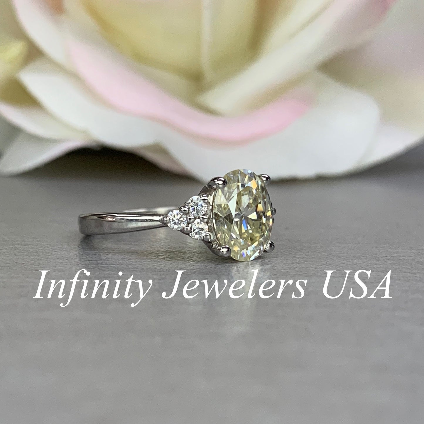 Oval Yellow Moissanite Engagement Ring 14K White Gold  Womens Yellow Moissanite Engagement Ring  Three Stone Moissanite Engagement Ring 6380