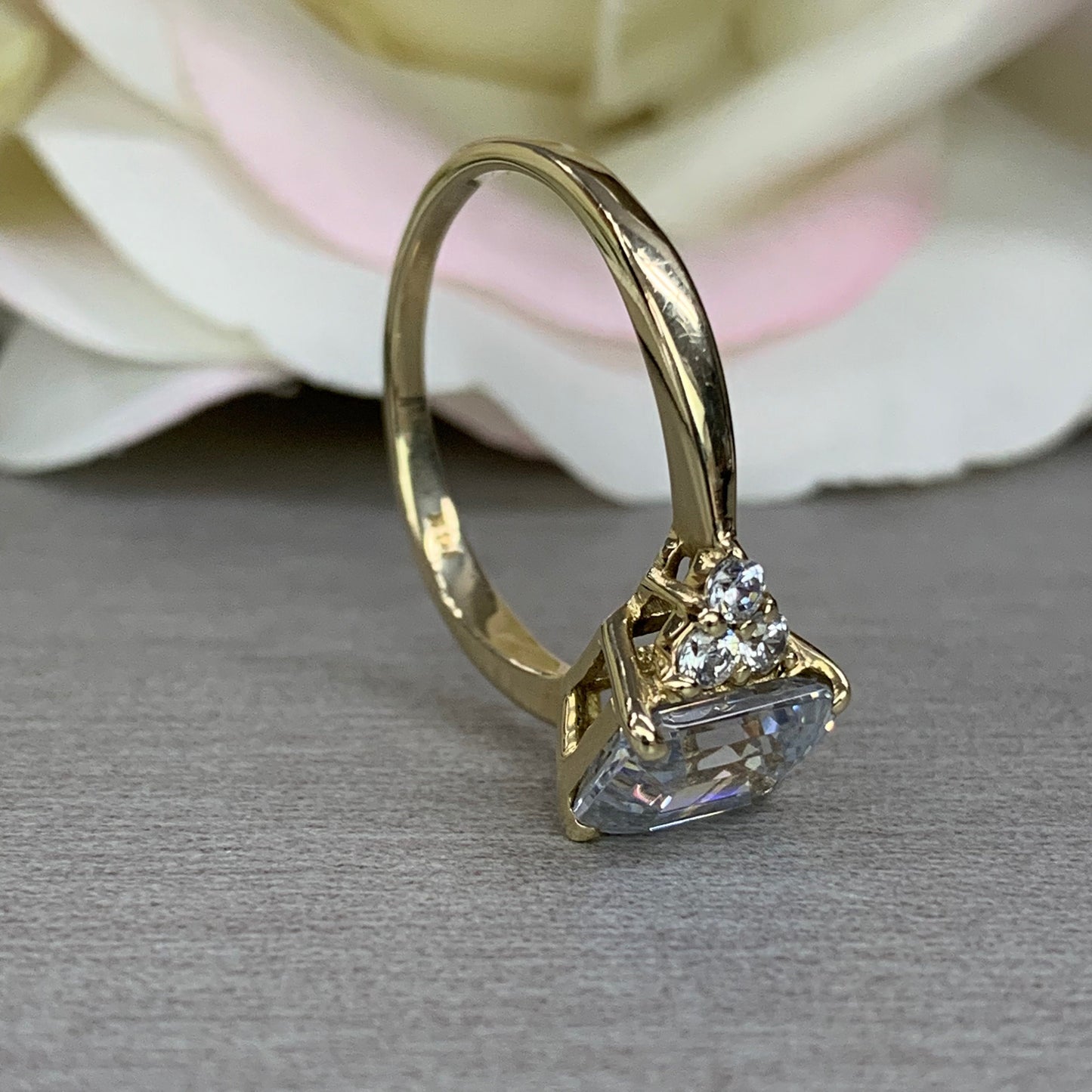 Certified moissanite engagement ring, emerald cut moissanite with diamond accents, 14k yellow gold