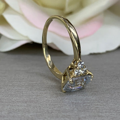 Certified moissanite engagement ring, emerald cut moissanite with diamond accents, 14k yellow gold