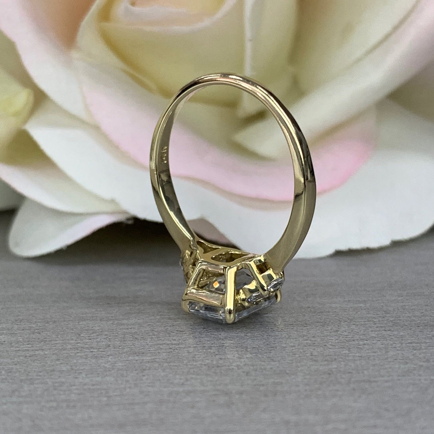 Certified moissanite engagement ring, emerald cut moissanite with diamond accents, 14k yellow gold