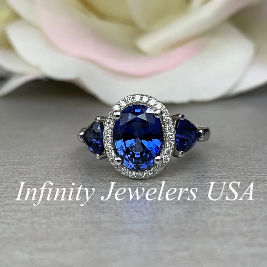 Blue sapphire oval halo with trillions, 14k white gold #5374