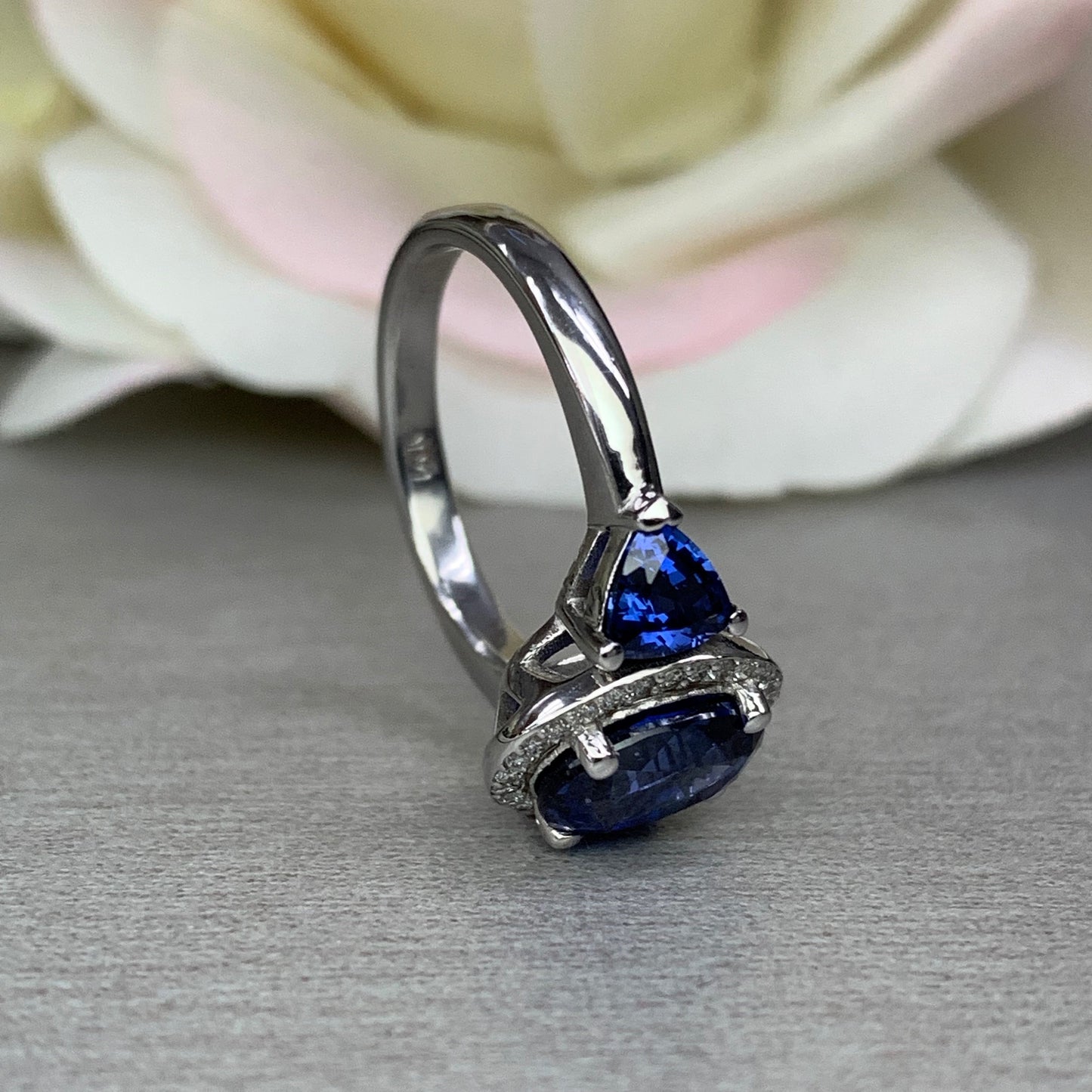 Blue sapphire oval halo with trillions, 14k white gold #5374