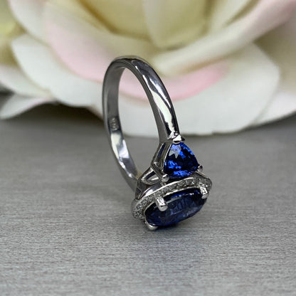 Blue sapphire oval halo with trillions, 14k white gold #5374