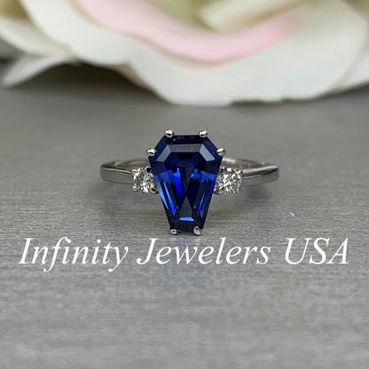Elongated trapezoid blue sapphire with diamond sides engagement ring, 2.10ctw, 14k white gold #6083