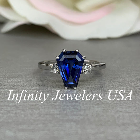 Elongated trapezoid blue sapphire with diamond sides engagement ring, 2.10ctw, 14k white gold #6083