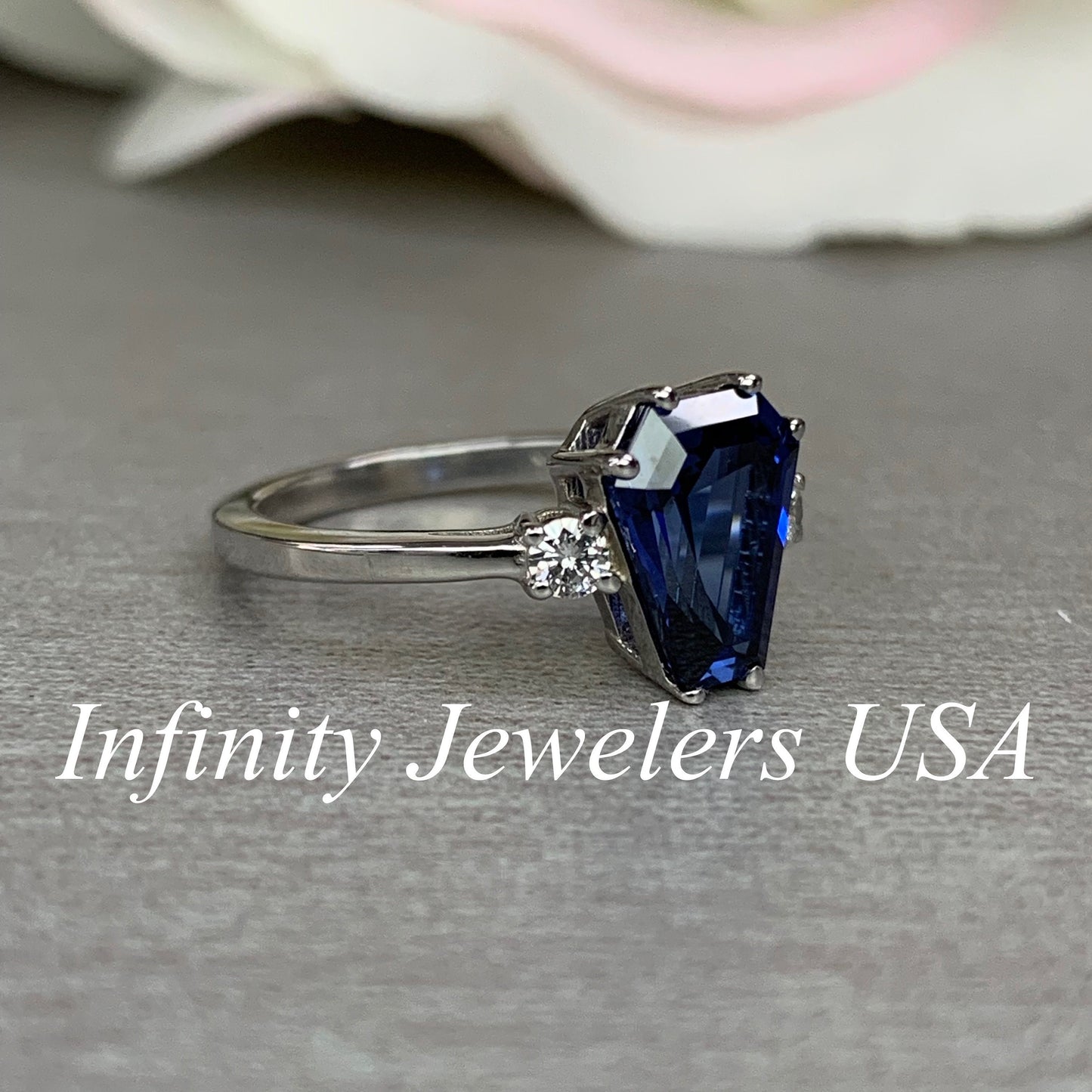 Elongated trapezoid blue sapphire with diamond sides engagement ring, 2.10ctw, 14k white gold #6083