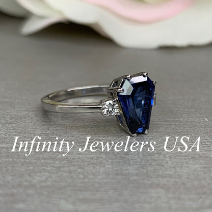 Elongated trapezoid blue sapphire with diamond sides engagement ring, 2.10ctw, 14k white gold #6083