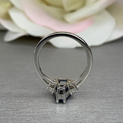 Elongated trapezoid blue sapphire with diamond sides engagement ring, 2.10ctw, 14k white gold #6083