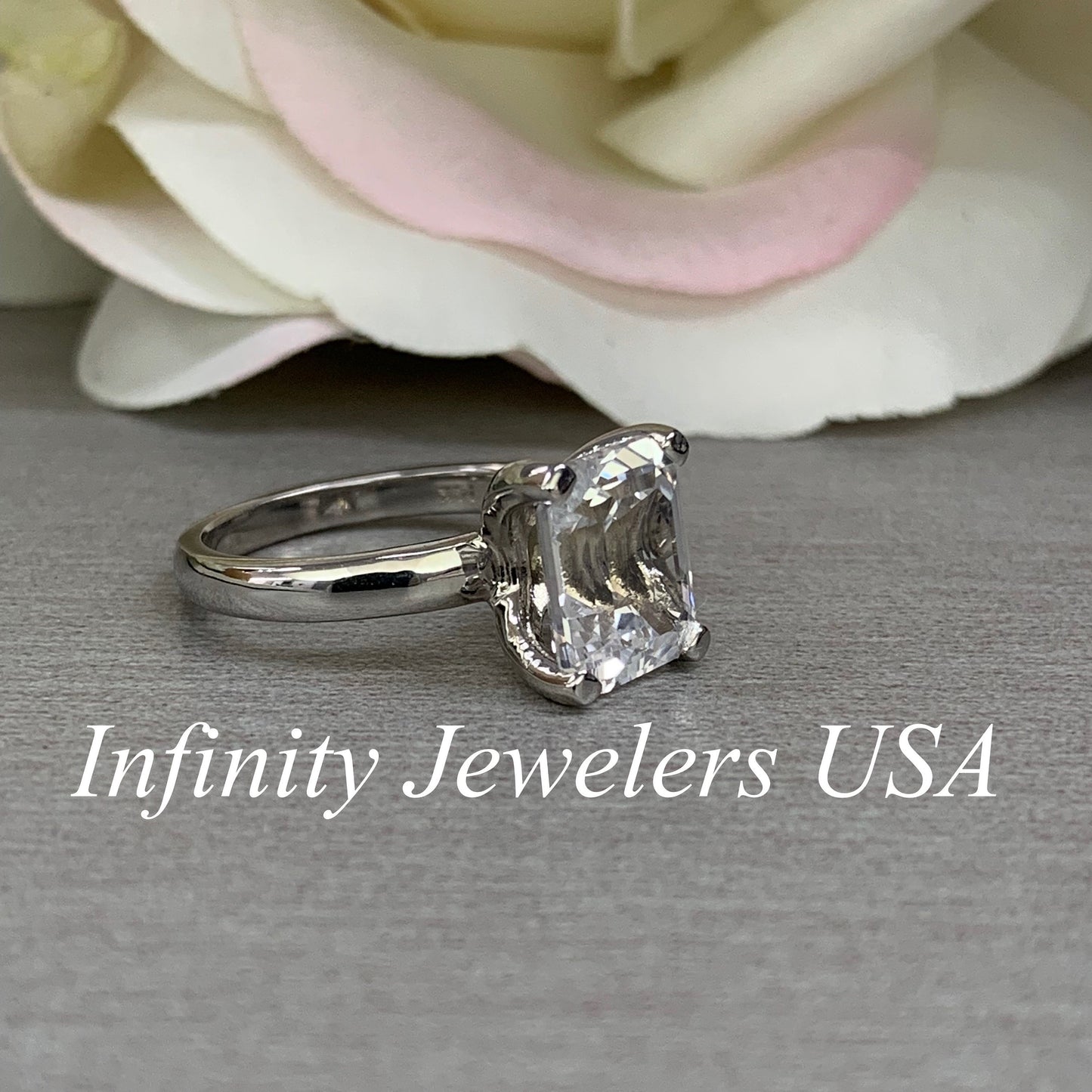 Moissanite Emerald Cut Engagement Rings 14k Solid White Gold , Forever One Moissanite , Emerald Cut Solitaire Moissanite Wedding Ring, #6136
