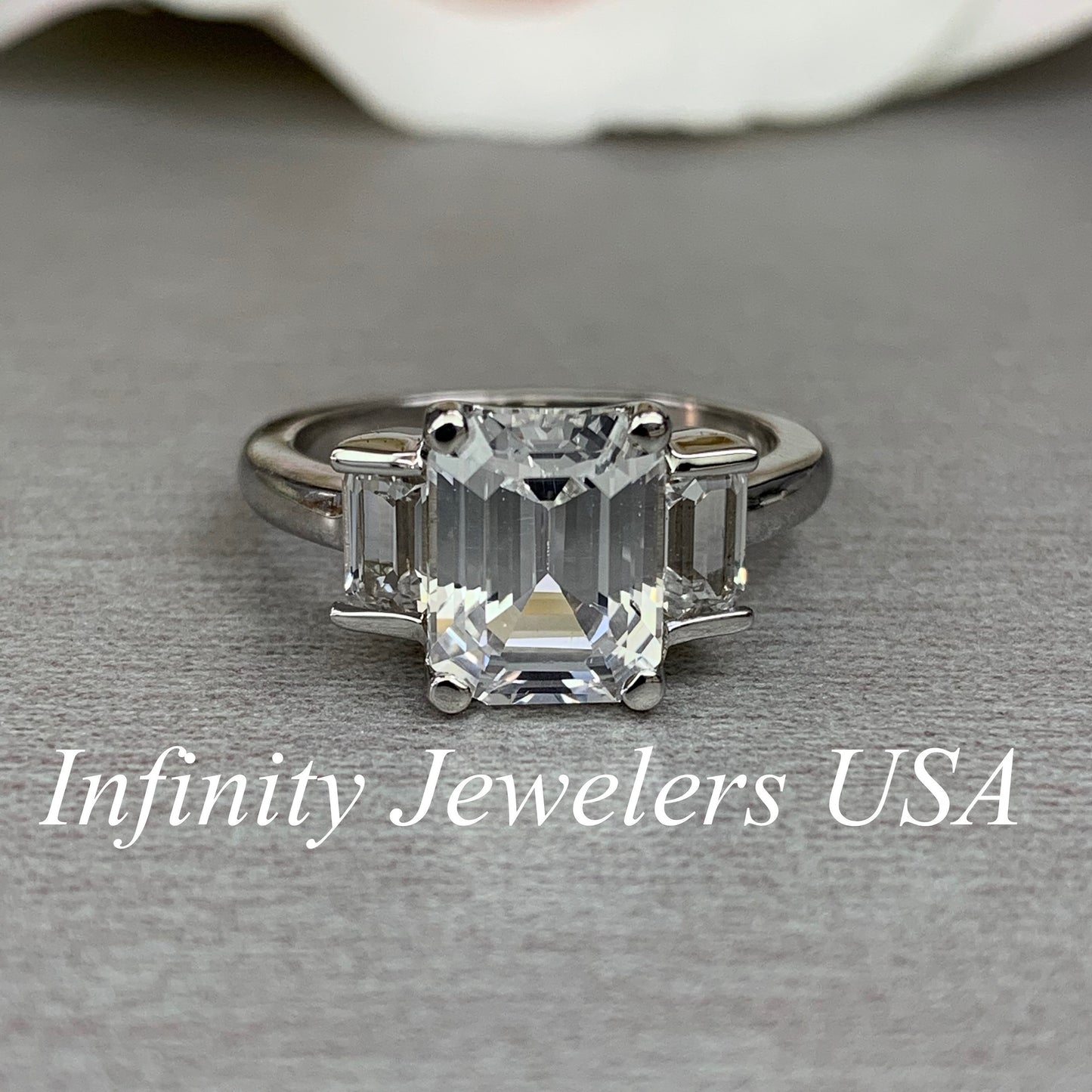 Emerald Cut Moissanite Engagement Ring, Three Stone Emerald Cut Anniversary Ring, 14k Solid White Gold 3.00ctw Wedding Ring For Ladies #5194