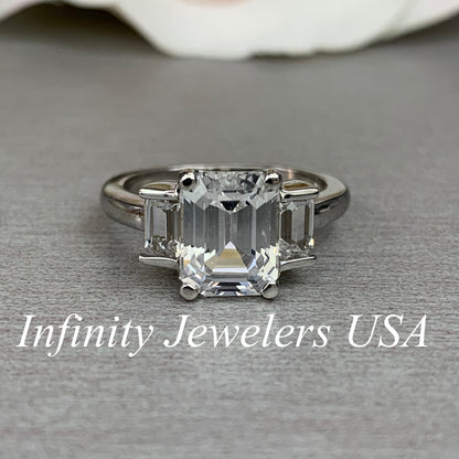 Emerald Cut Moissanite Engagement Ring, Three Stone Emerald Cut Anniversary Ring, 14k Solid White Gold 3.00ctw Wedding Ring For Ladies #5194