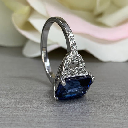 Blue sapphire Ring 14k white/yellow gold, Emerald cut blue sapphire  moissanite engagement ring, Unique Vintage Sapphire Wedding Ring