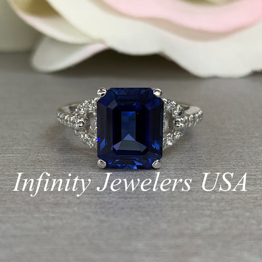 Blue sapphire Ring 14k white/yellow gold, Emerald cut blue sapphire  moissanite engagement ring, Unique Vintage Sapphire Wedding Ring