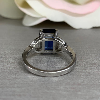 Blue sapphire Ring 14k white/yellow gold, Emerald cut blue sapphire  moissanite engagement ring, Unique Vintage Sapphire Wedding Ring