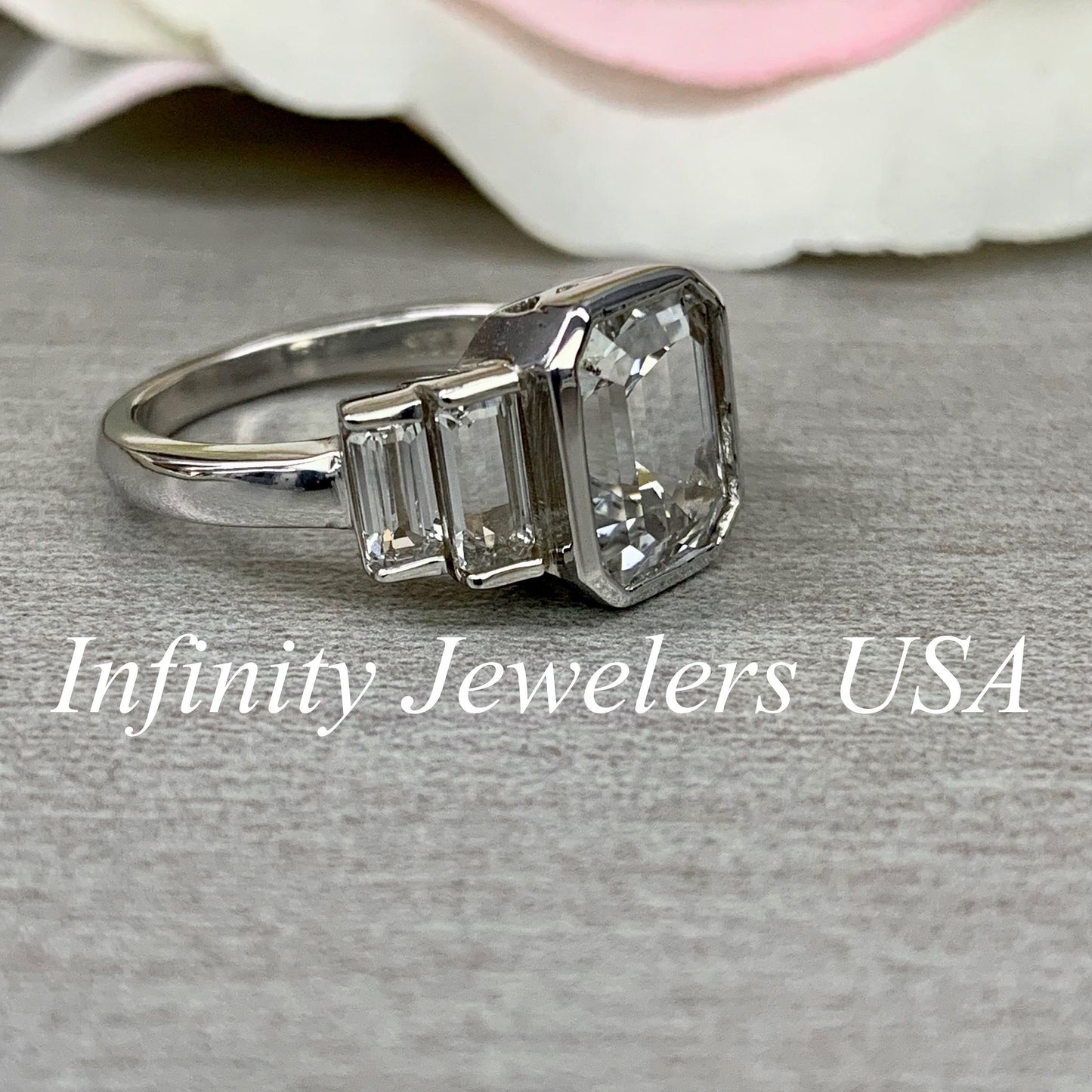 Emerald Cut Moissanite Engagement Ring, 5 Stone Wedding Ring,  14K White Gold  Emerald Cut Ring #6050