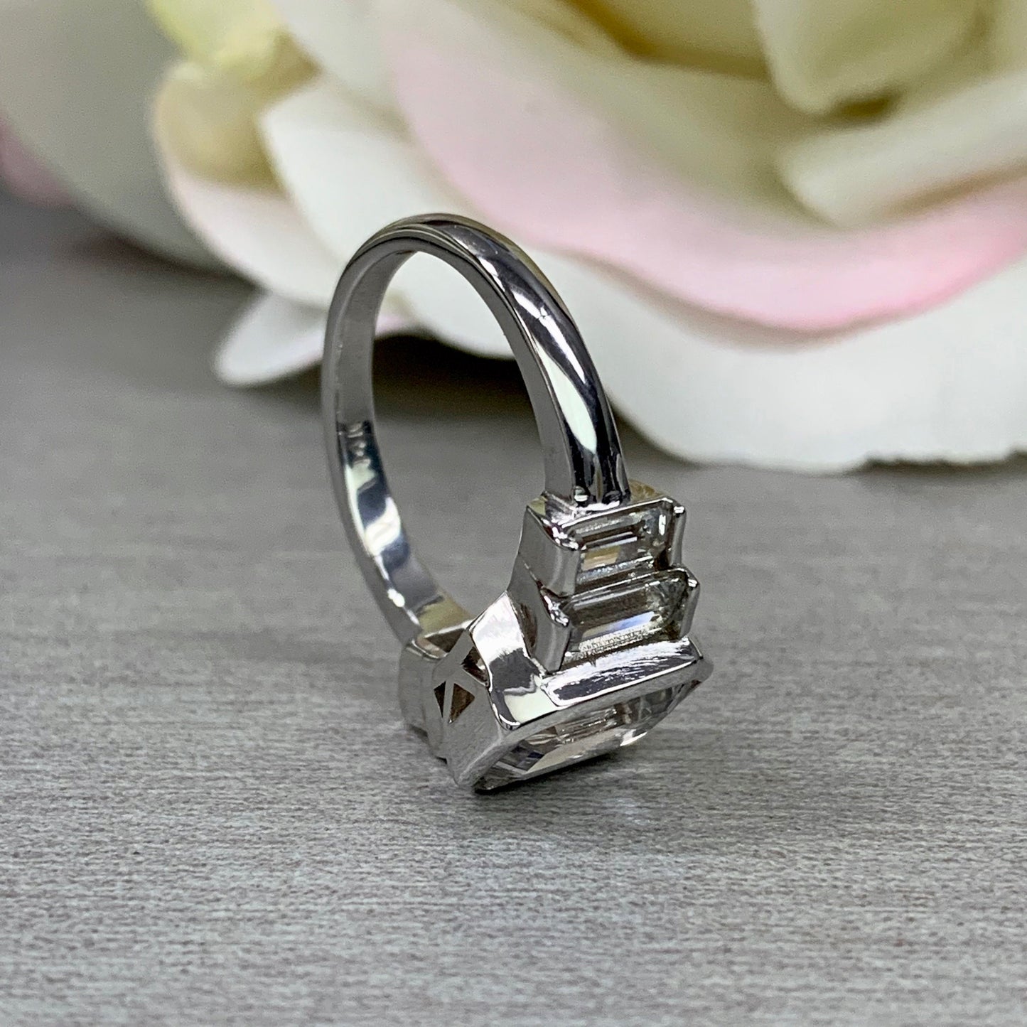 Emerald Cut Moissanite Engagement Ring, 5 Stone Wedding Ring,  14K White Gold  Emerald Cut Ring #6050