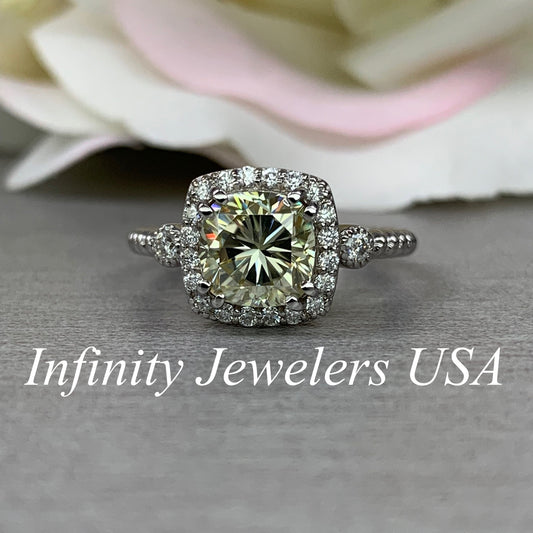 Cushion Cut Moissanite Engagement Ring, Yellow Moissanite Ring, Diamond Halo Ring, 14k White Gold, #6276