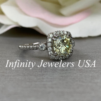 Cushion Cut Moissanite Engagement Ring, Yellow Moissanite Ring, Diamond Halo Ring, 14k White Gold, #6276