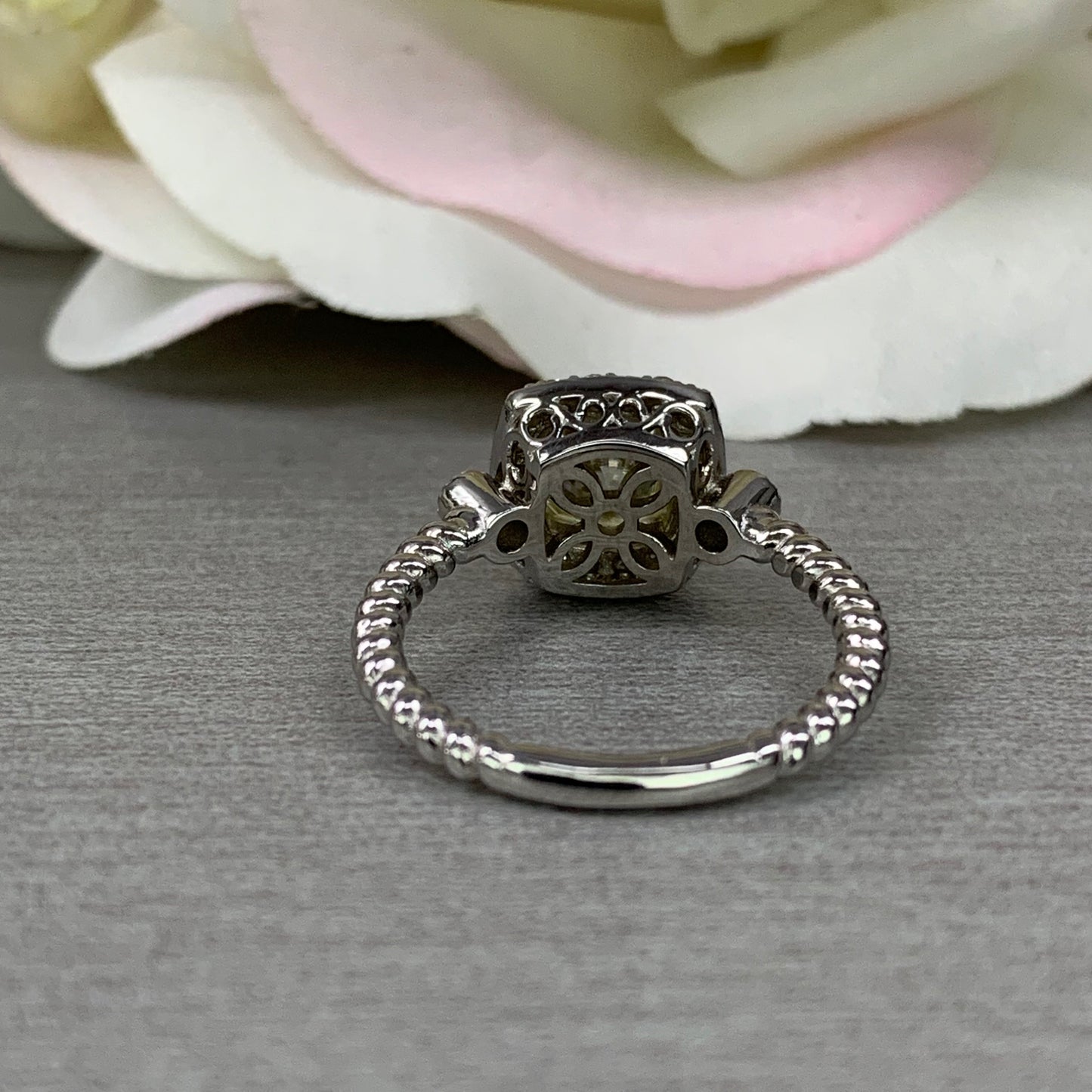 Cushion Cut Moissanite Engagement Ring, Yellow Moissanite Ring, Diamond Halo Ring, 14k White Gold, #6276