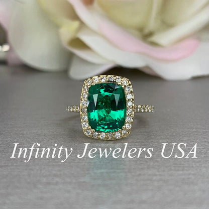 Elongated Cushion Cut Emerald Ring, Diamond Halo Engagement Ring, Green Emerald Engagement Ring, 3.90ctw, 14k Yellow Gold  #6057