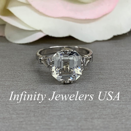 Certified moissanite asscher cut engagement ring, with round diamond accents, 3.20ctw, 14k white gold wedding ring