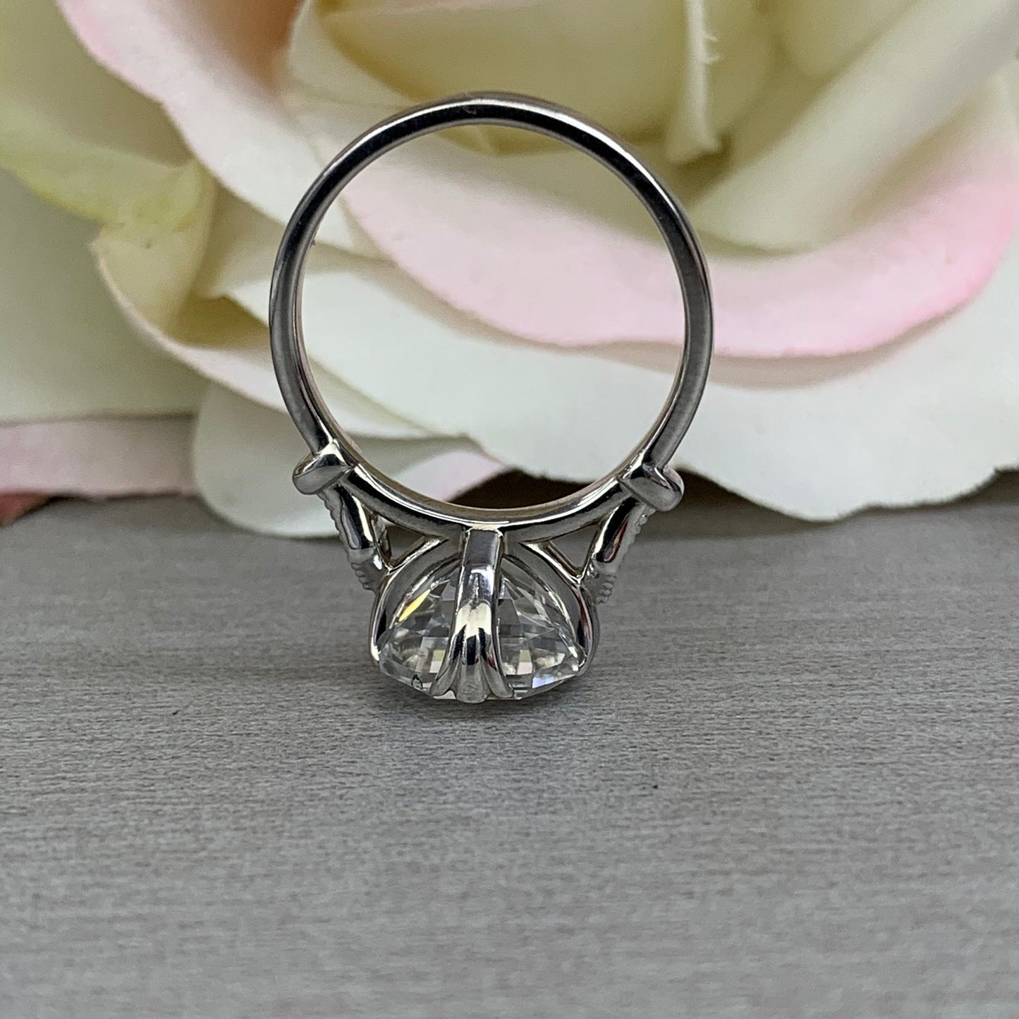 Certified moissanite asscher cut engagement ring, with round diamond accents, 3.20ctw, 14k white gold wedding ring