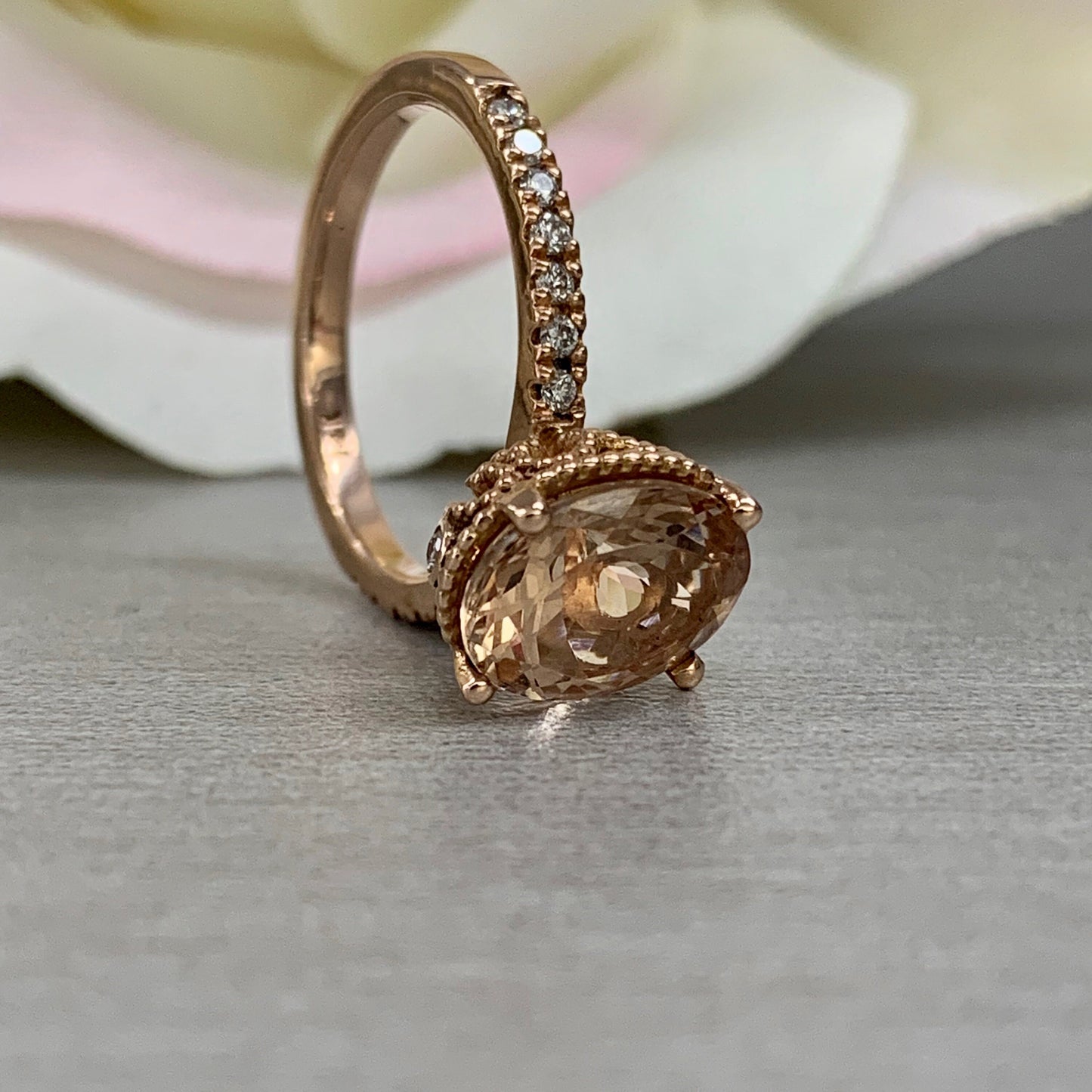 Morganite Ring 14K Solid Rose Gold, Pink Morganite Engagement Ring, Oval Shape Three Stone Morganite Wedding Promise Ring, Gift For Her 5525