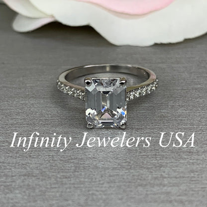 Moissanite Emerald Cut Engagement Rings 14k Solid White Gold , Forever One Moissanite , Emerald Cut Solitaire Moissanite Wedding Ring, #5674