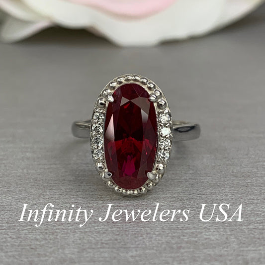 Oval ruby ladies ring 14K solid gold, July birthstone ring with diamonds