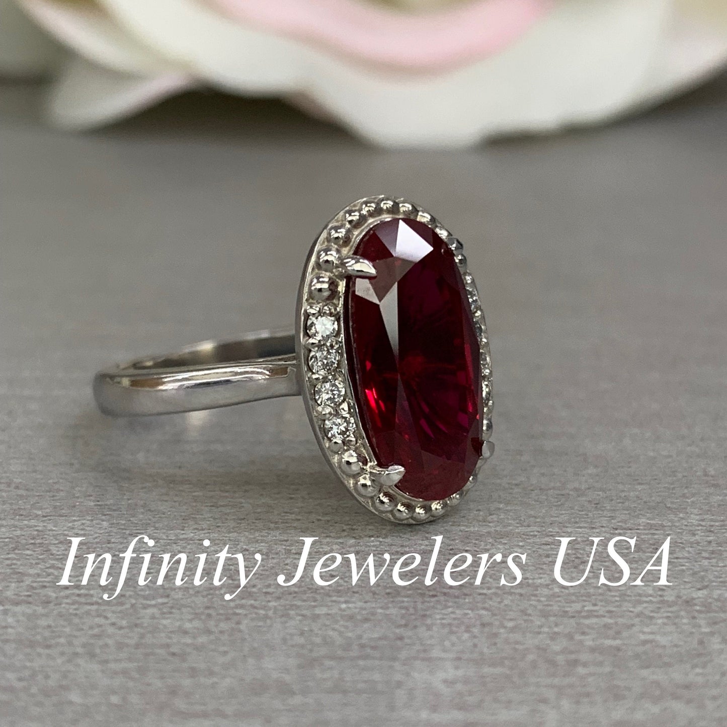 Oval ruby ladies ring 14K solid gold, July birthstone ring with diamonds