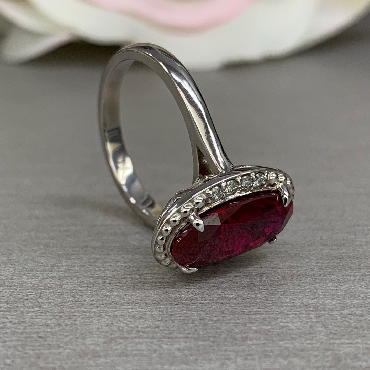Oval ruby ladies ring 14K solid gold, July birthstone ring with diamonds
