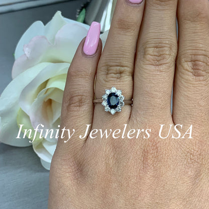 Natural blue sapphire and diamond ring 14k white gold, Blue sapphire engagement ring, Unique Vintage style halo diamond wedding ring, #5974