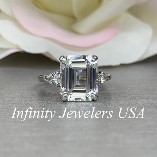 Certified Moissanite Emerald Cut Engagement Ring With Pear Accents In 14k White Gold