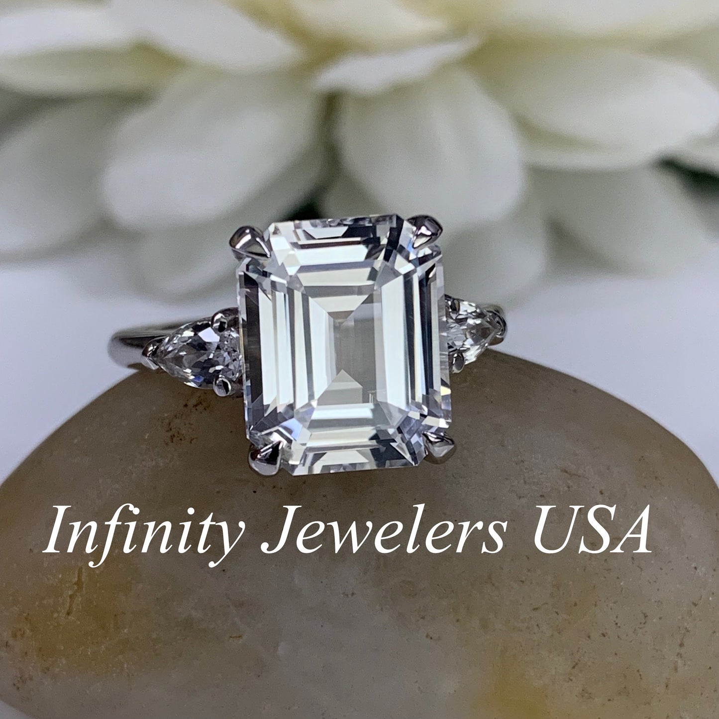 Certified Moissanite Emerald Cut Engagement Ring With Pear Accents In 14k White Gold