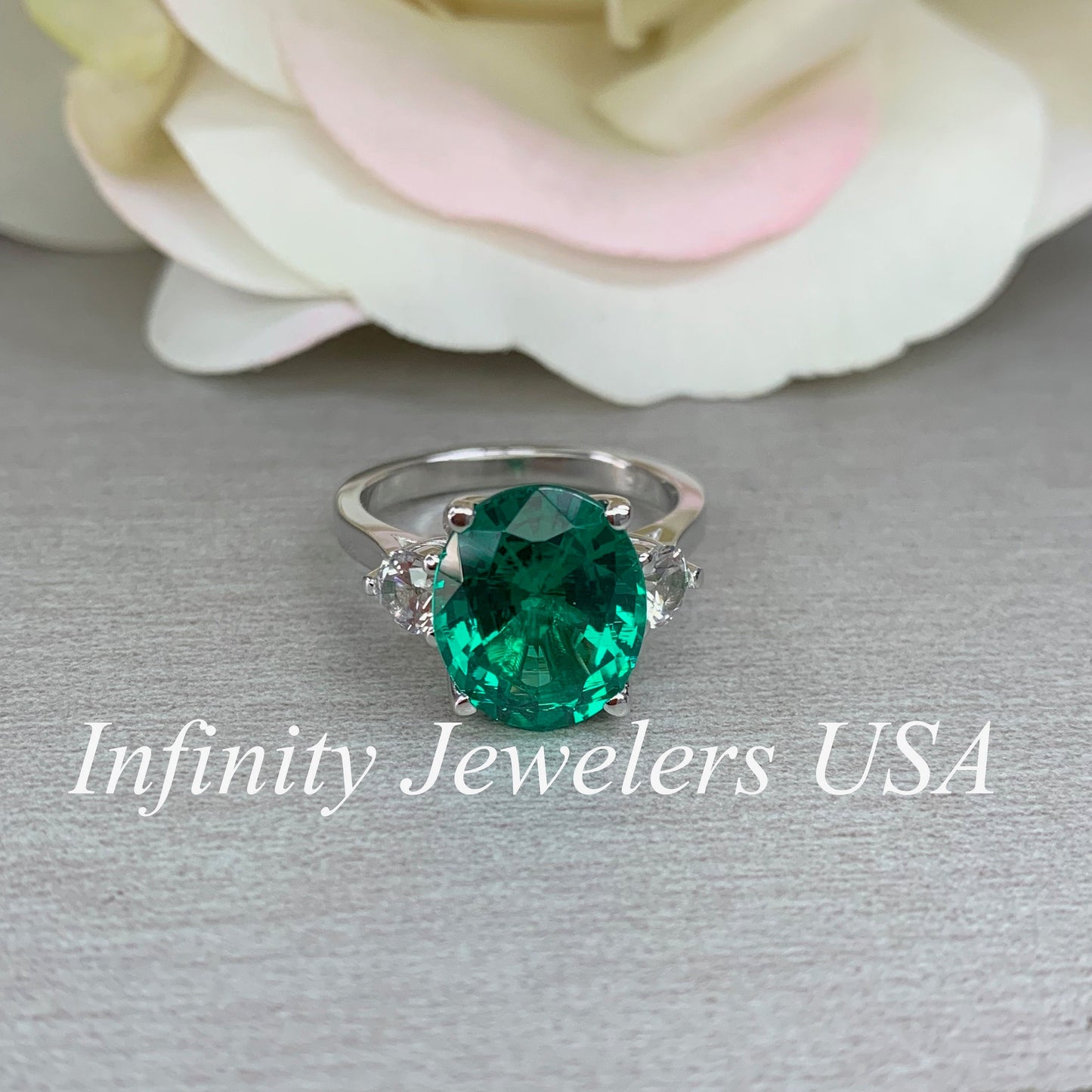 Emerald Engagement Ring , Oval Emerald Ring, Oval Cut Emerald Engagement Ring, Round White Sapphire Ring, 14k white gold #5422