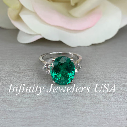 Emerald Engagement Ring , Oval Emerald Ring, Oval Cut Emerald Engagement Ring, Round White Sapphire Ring, 14k white gold #5422