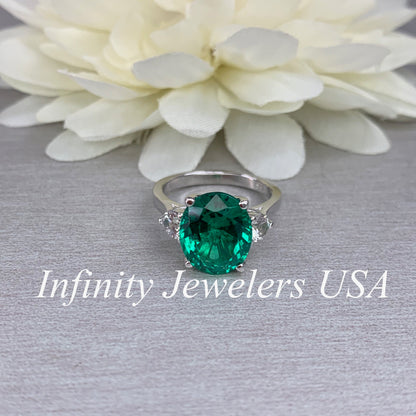 Emerald Engagement Ring , Oval Emerald Ring, Oval Cut Emerald Engagement Ring, Round White Sapphire Ring, 14k white gold #5422